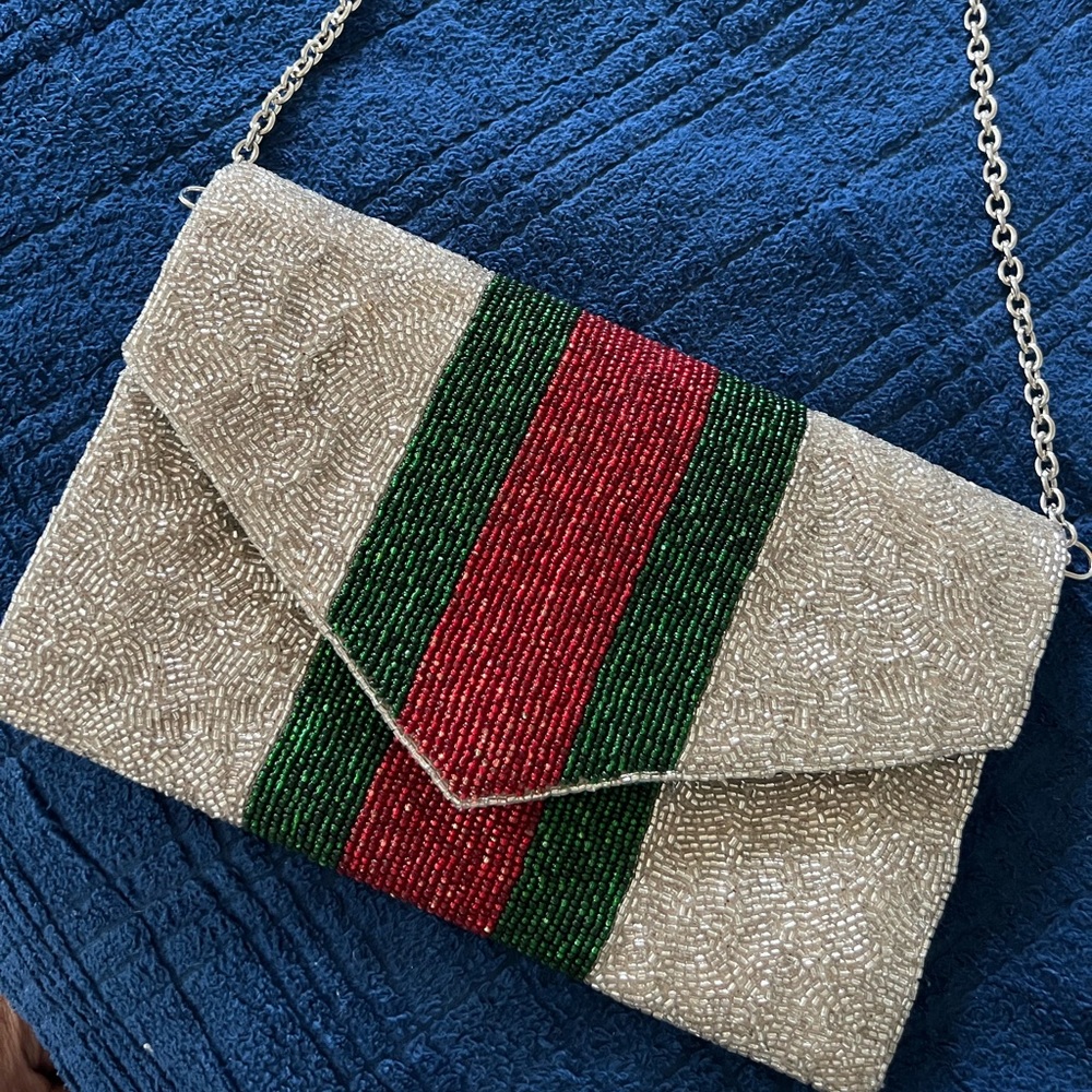 America and beyond beaded bag with silver chain